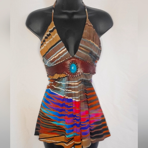 Leather & Torquiose South Western Tribal Halter Top - Picture 5 of 6